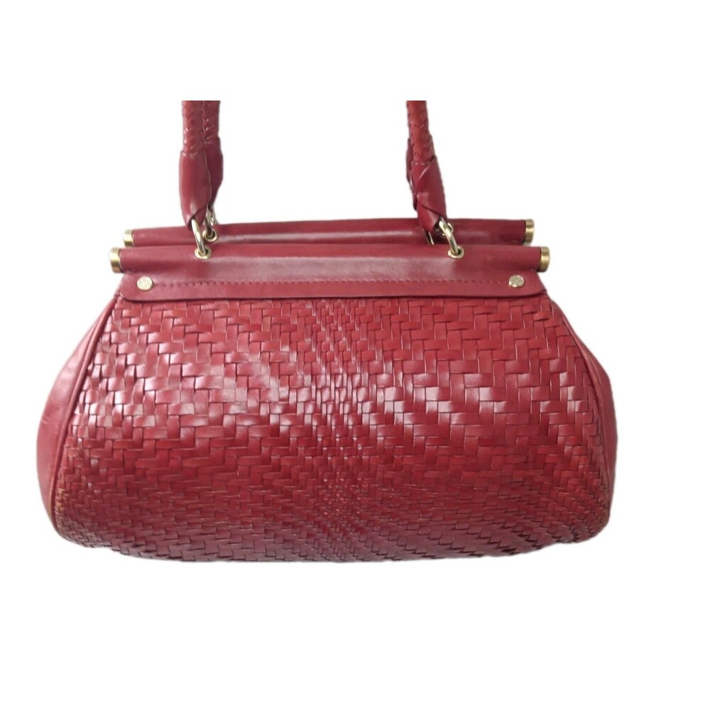 Cole Haan Woven Leather Handbag Maroon Red Satchel - Picture 6 of 12